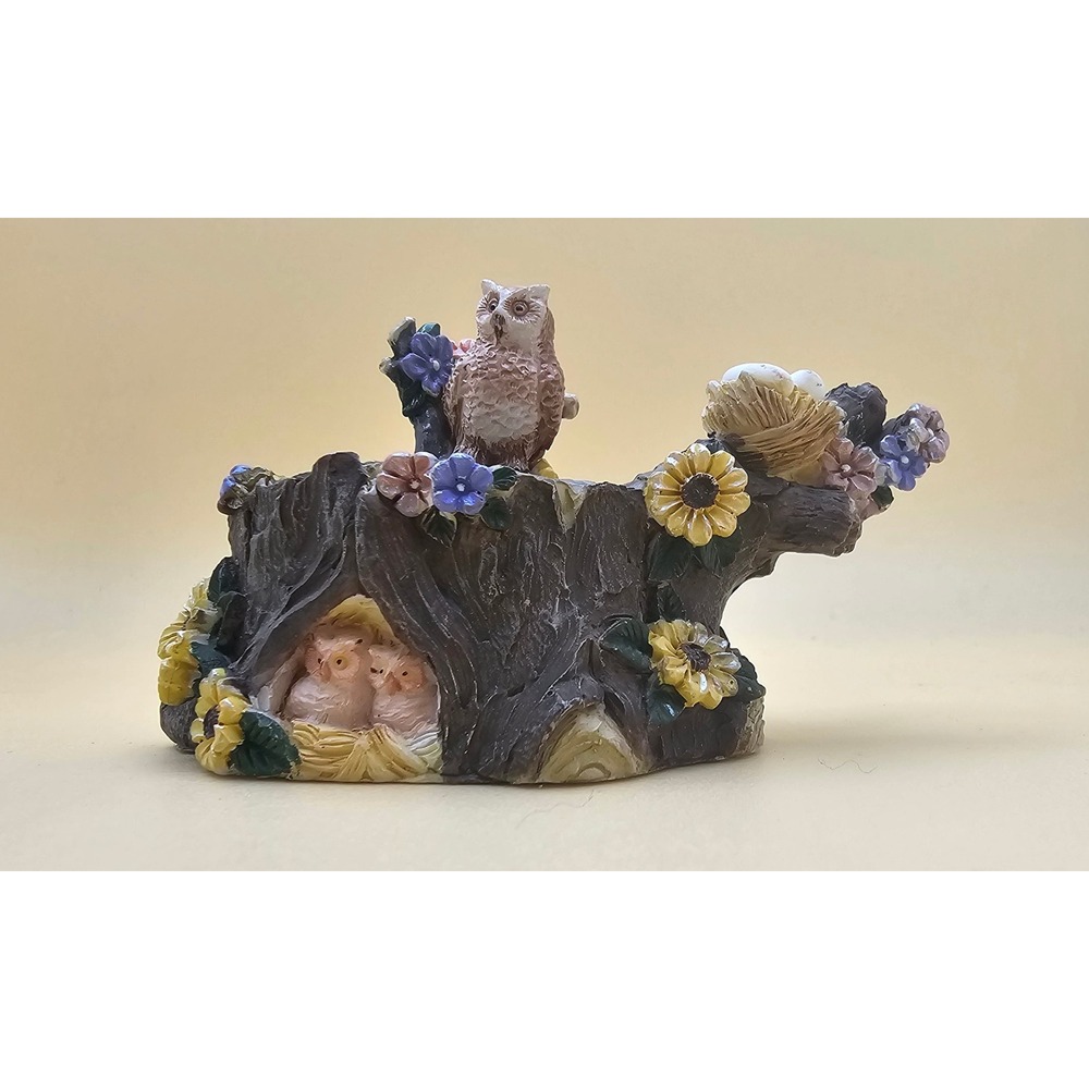 Cadona Owl Family Figurine Tree Stump with Flowers and Nest Decor 1998